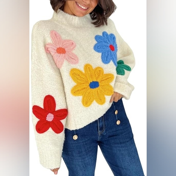 Dreamers By Debut Women's Boho Cottagecore Cream Floral Knit Sweater Size Small - Picture 3 of 9